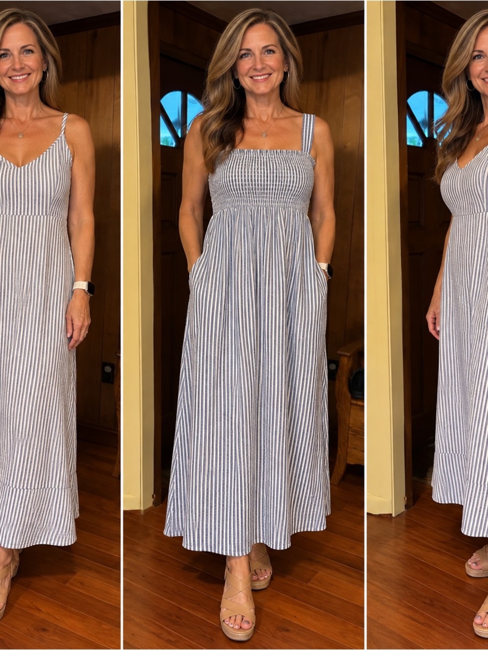 Striped Blue & White Maxi Sundress with Smocked Bodice
